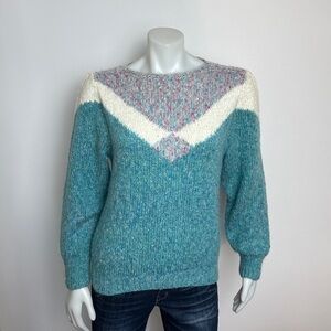 VINTAGE SWEATER – Speckled Turquoise & Blue with cream and pink.